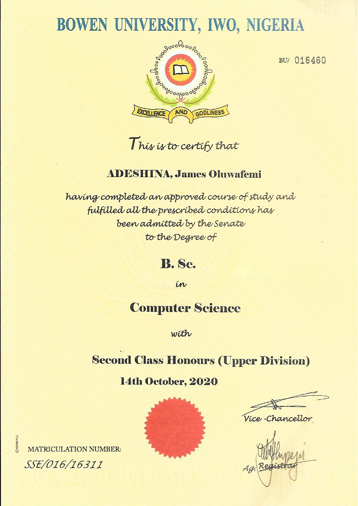 BSc Computer Science certificate preview