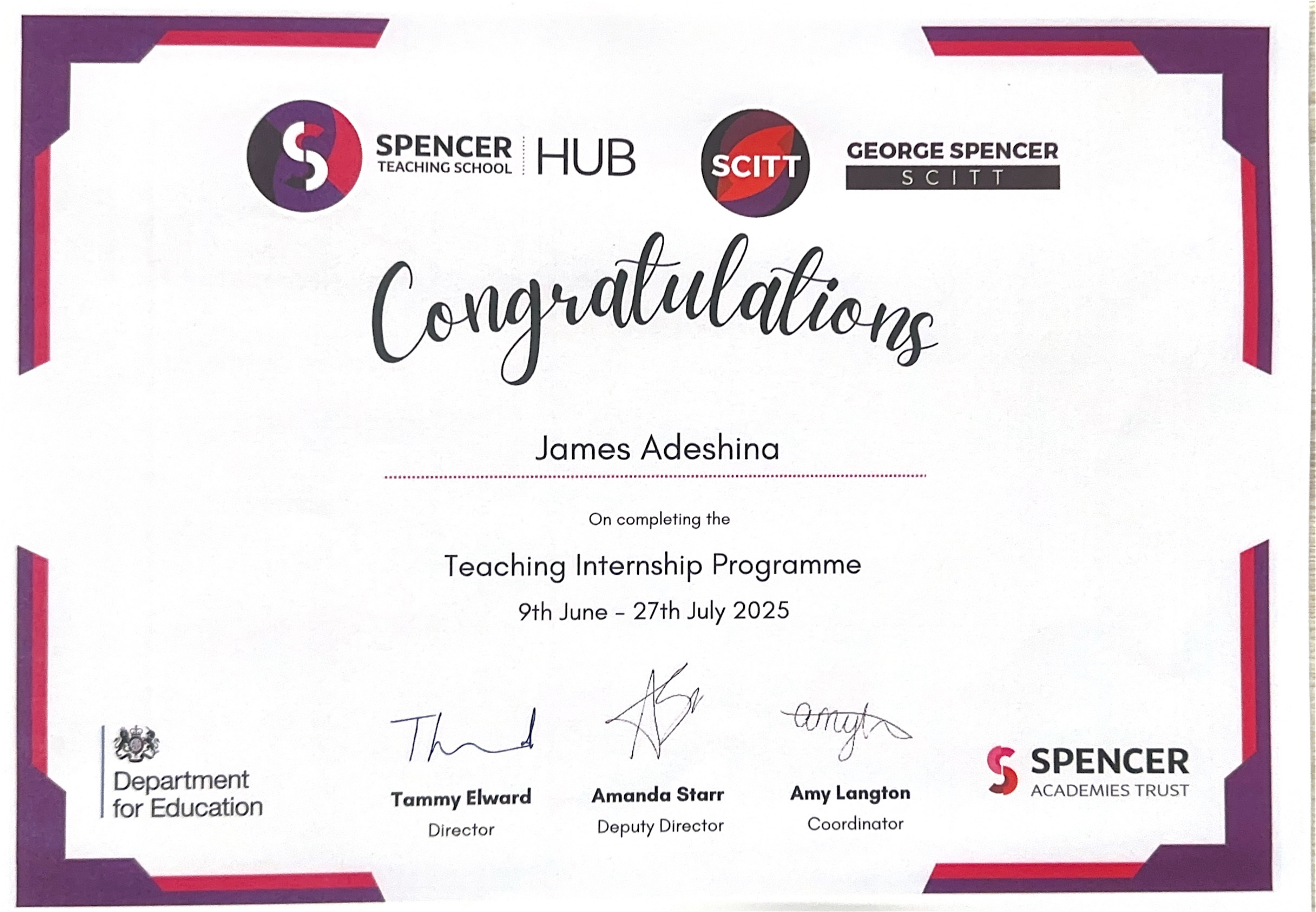 Spencer Teaching School Hub — Teaching Internship Programme certificate